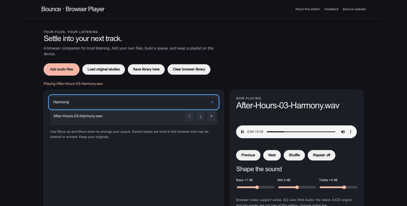 Bounce: Find a part. A search for Harmony isolates the matching track. The queue was arranged to move from the complete mix through harmony, melody, bass and percussion.