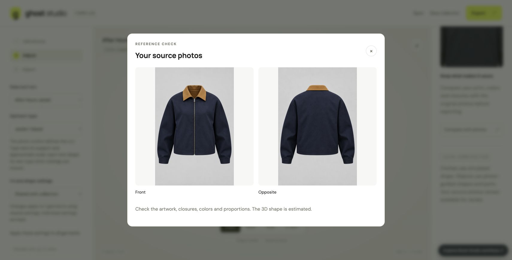 Ghost Studio: Start with both sides. An original AI-generated front and back pair establishes the midnight-blue jacket and amber collar. The source comparison keeps both references available.