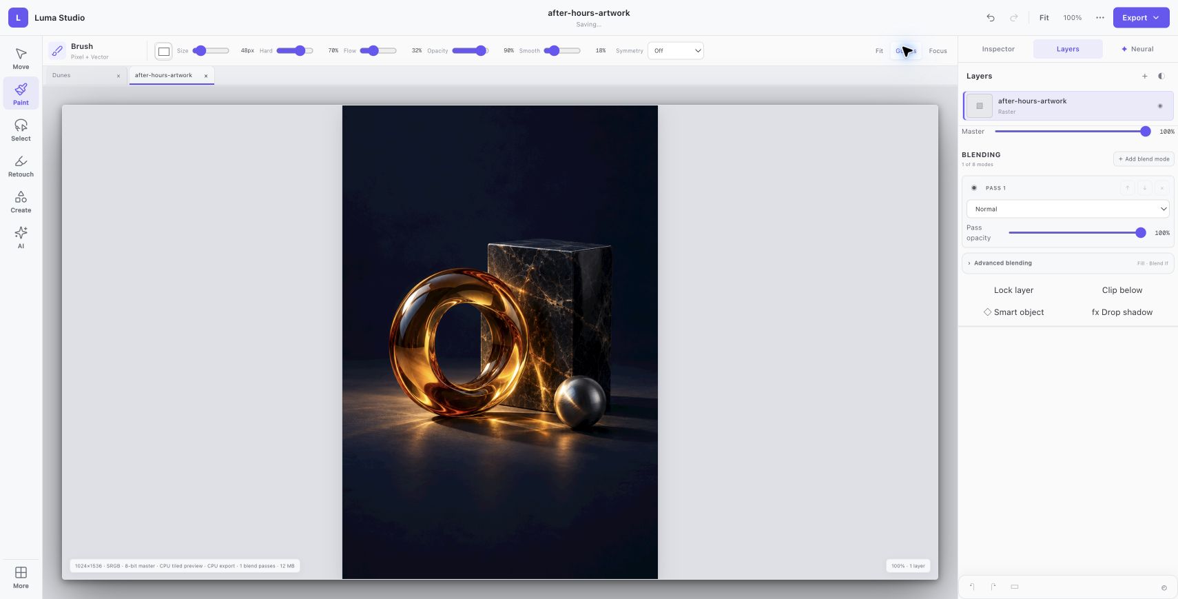 Luma Studio: Begin with an image. An original AI-generated still life becomes a 1024 × 1536 portrait document. The source artwork remains its own raster layer.