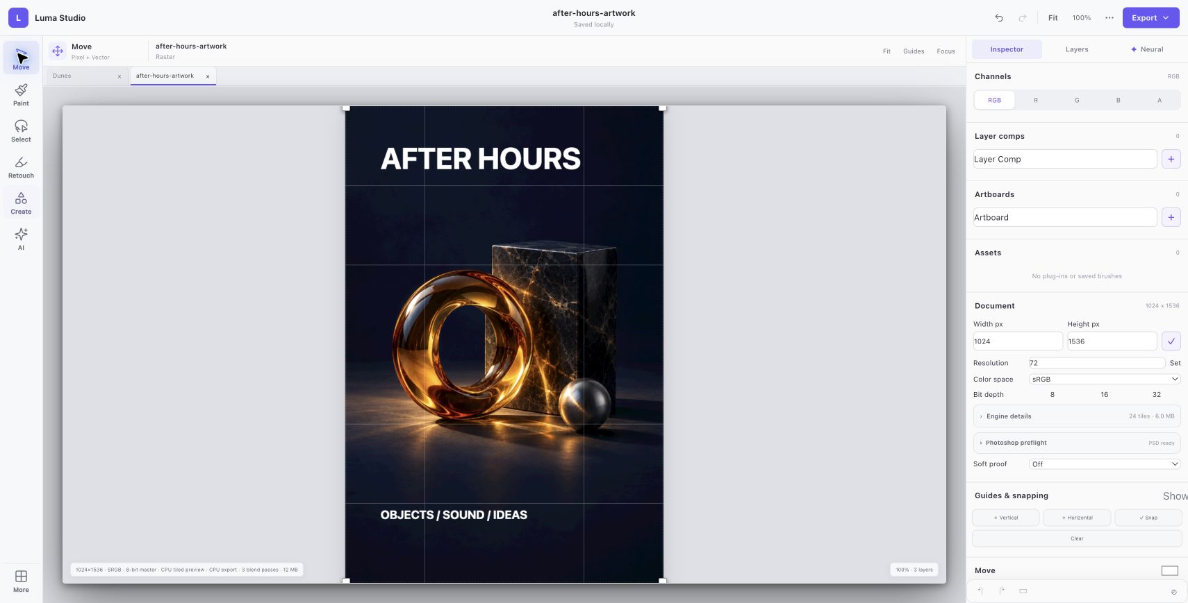 Luma Studio: Give it a voice. AFTER HOURS and OBJECTS / SOUND / IDEAS are separate editable text elements, placed in the open space around the still life.