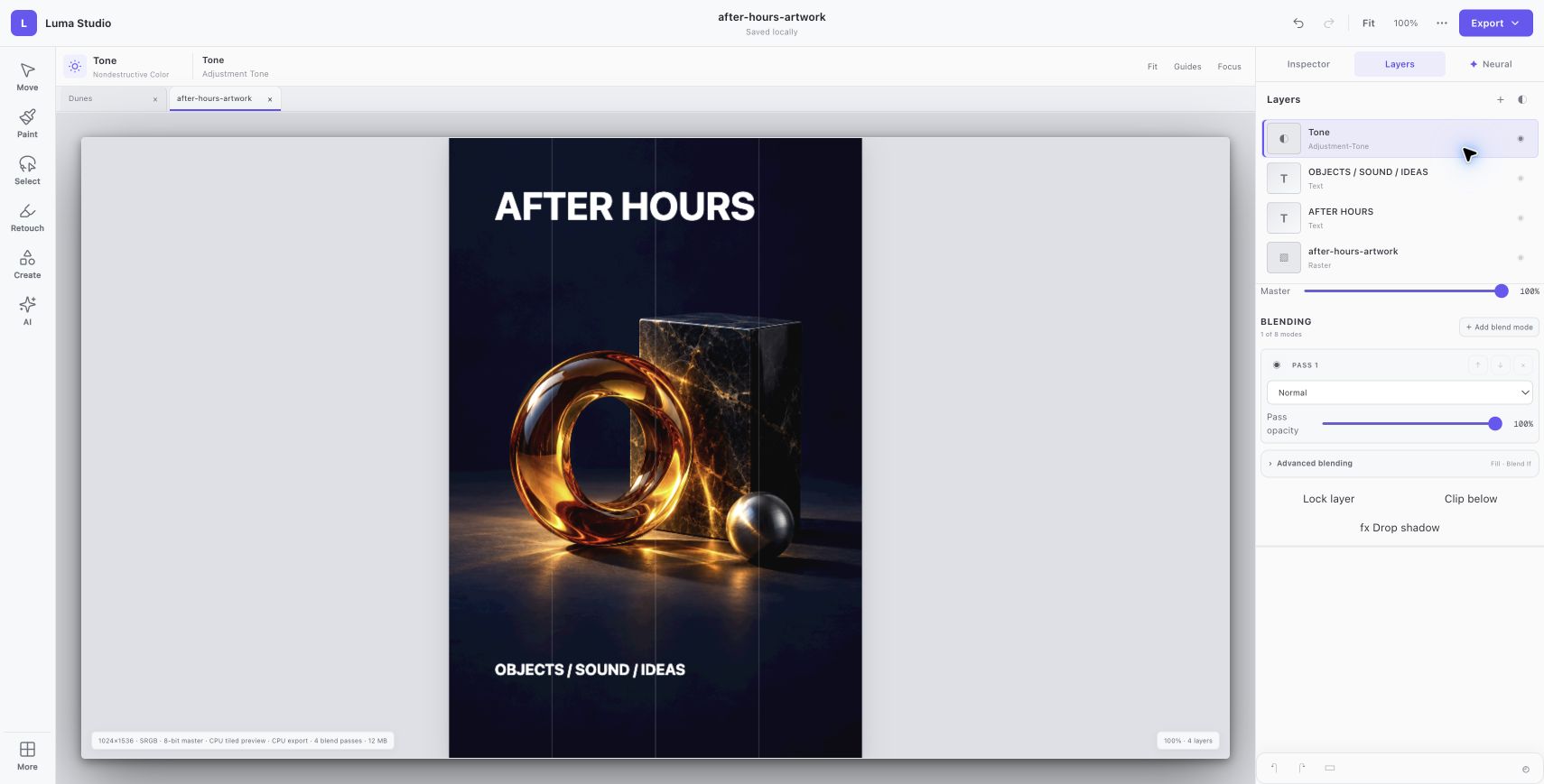 The actual Luma workspace showing the After Hours poster project