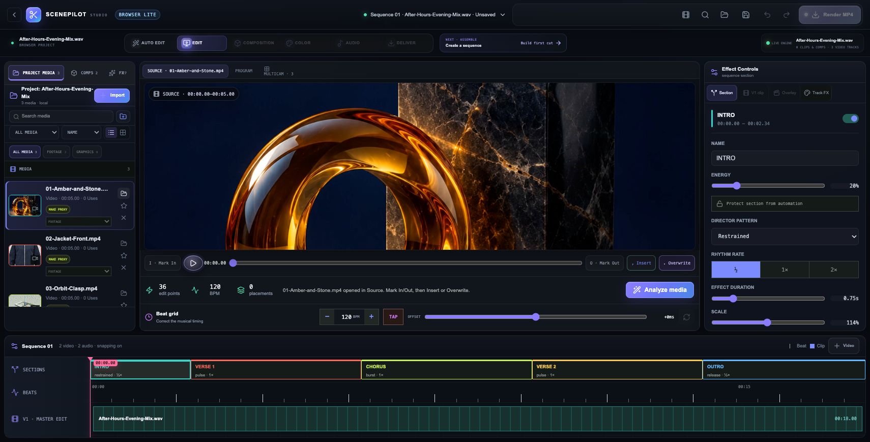 ScenePilot: Gather the evening. Three original five-second clips bring the artwork, jacket and Form clasp into the media bin. The real StemDeck mix supplies the 18-second soundtrack.