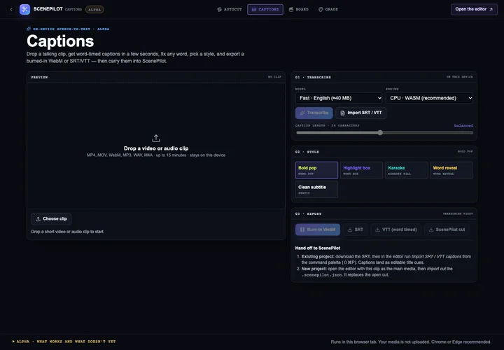 Captions live browser workspace