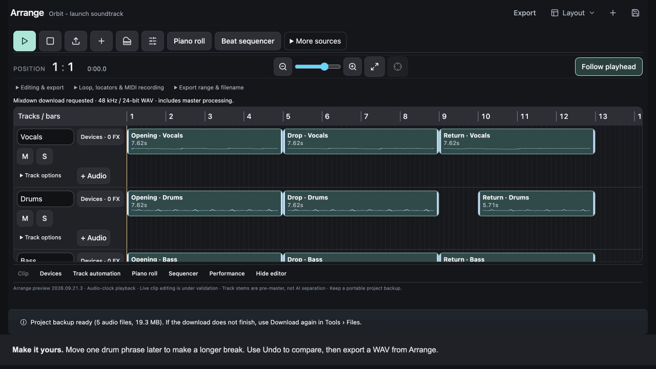 Actual Orbit soundtrack in the native Sattari-based StemDeck arrangement workspace