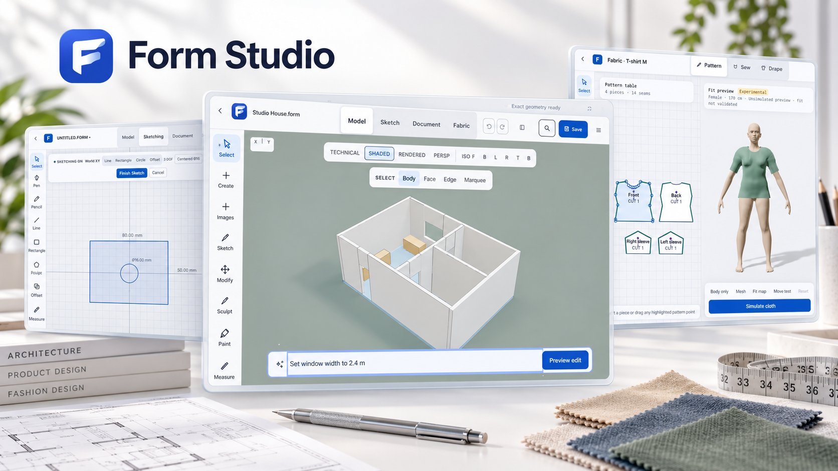 Form Studio promotional artwork with architecture, sketch and fabric workspaces