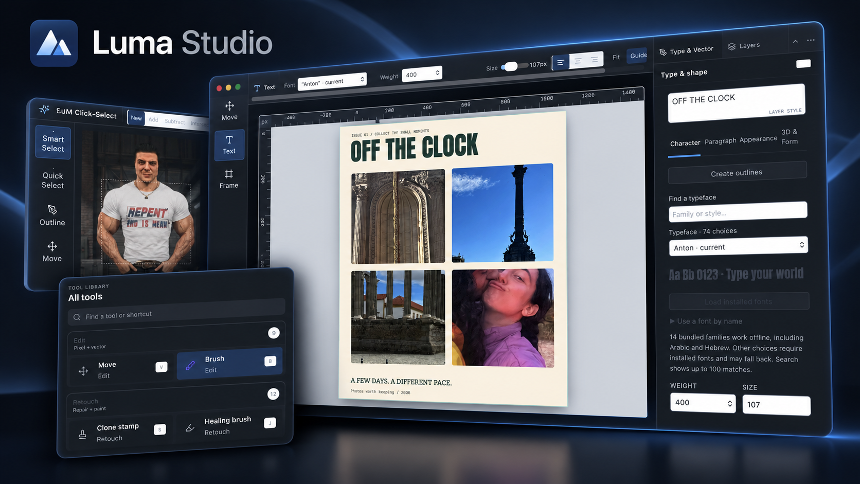 Luma Studio promotional artwork with typography, smart selection and photo layout