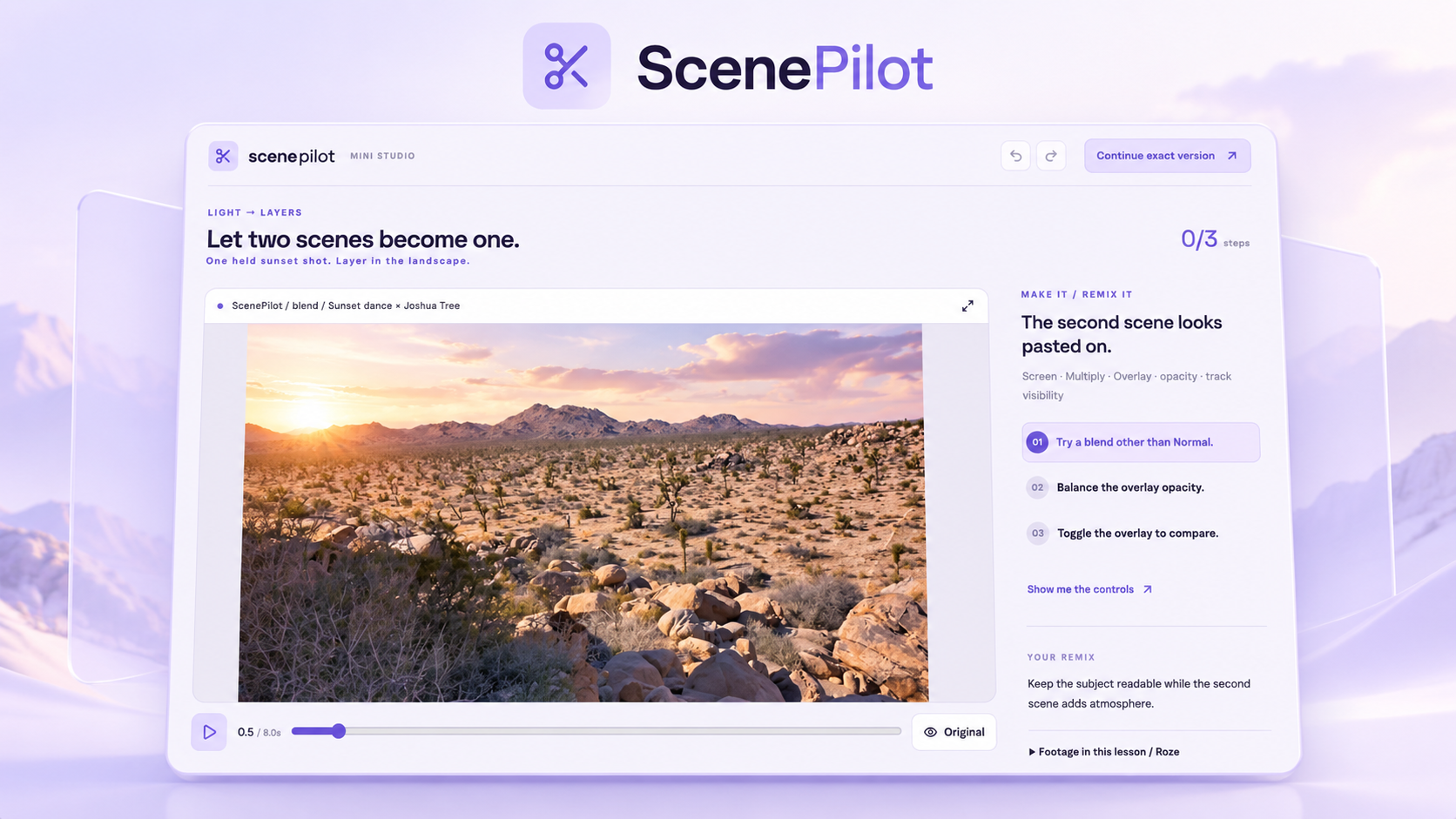 ScenePilot promotional artwork showing a landscape blending lesson