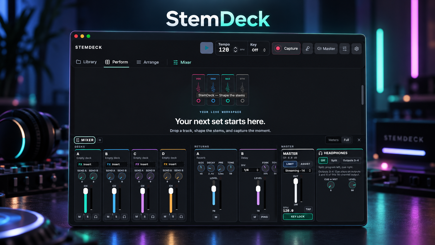 StemDeck promotional artwork showing the mixer workspace