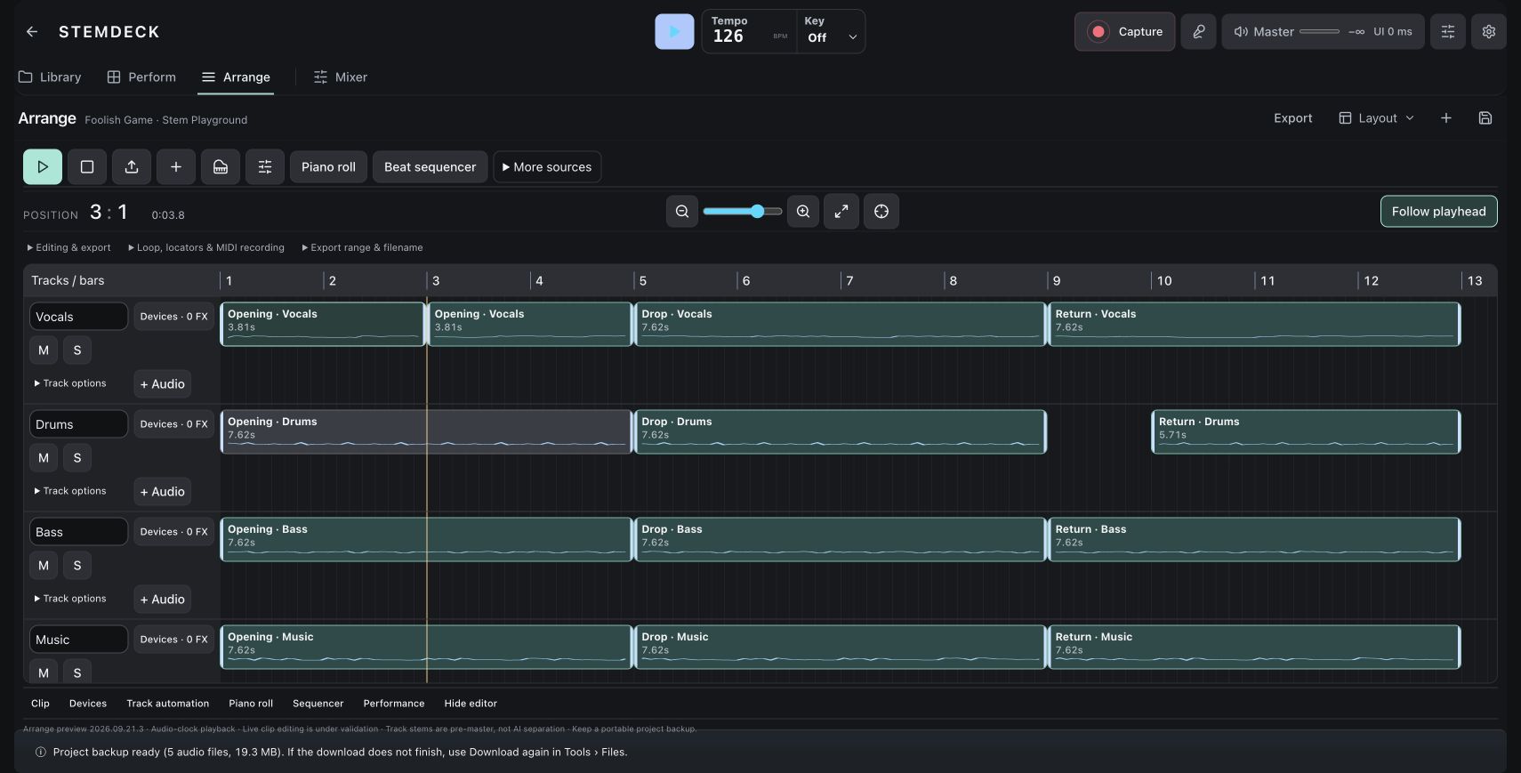 Actual StemDeck workspace on Sattari. Build an arrangement