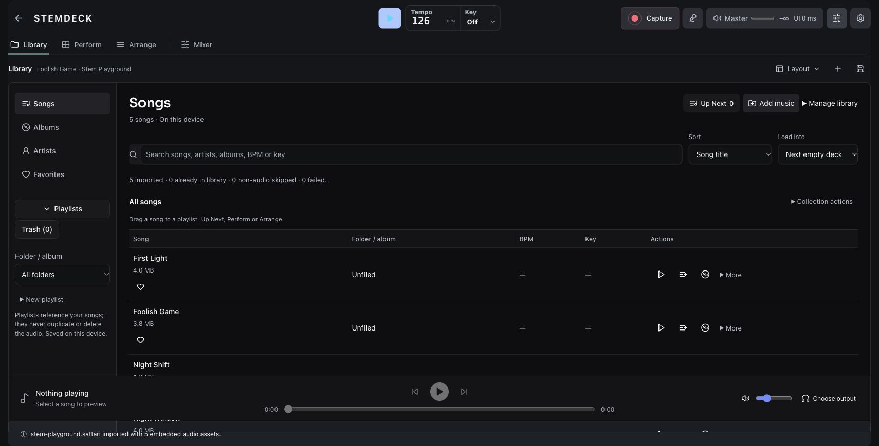 A library with something to play. Five imported songs, a preview player, favorites and a queue. Your music stays on your device.