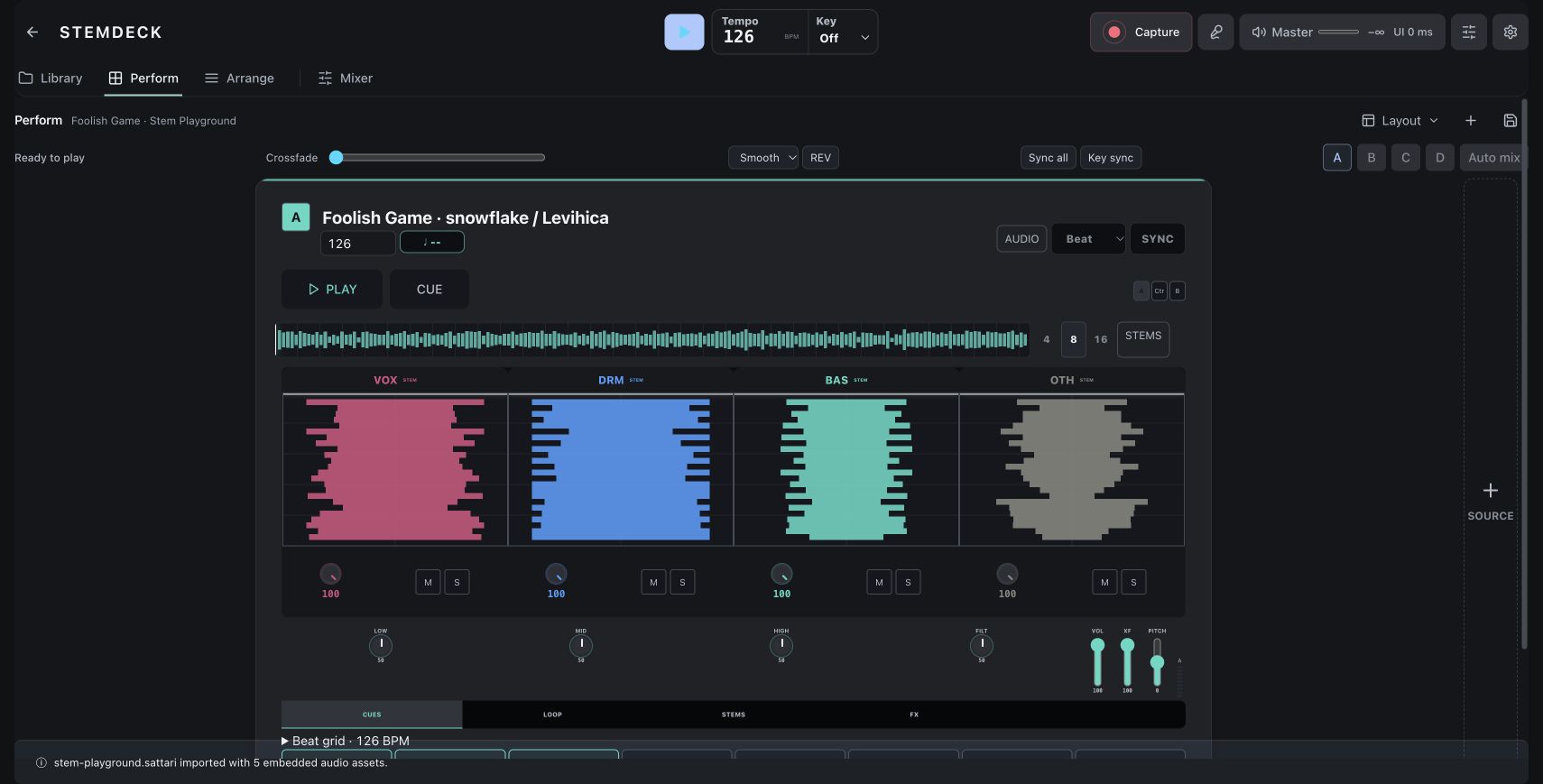 Actual StemDeck workspace on Sattari. Perform with four stems