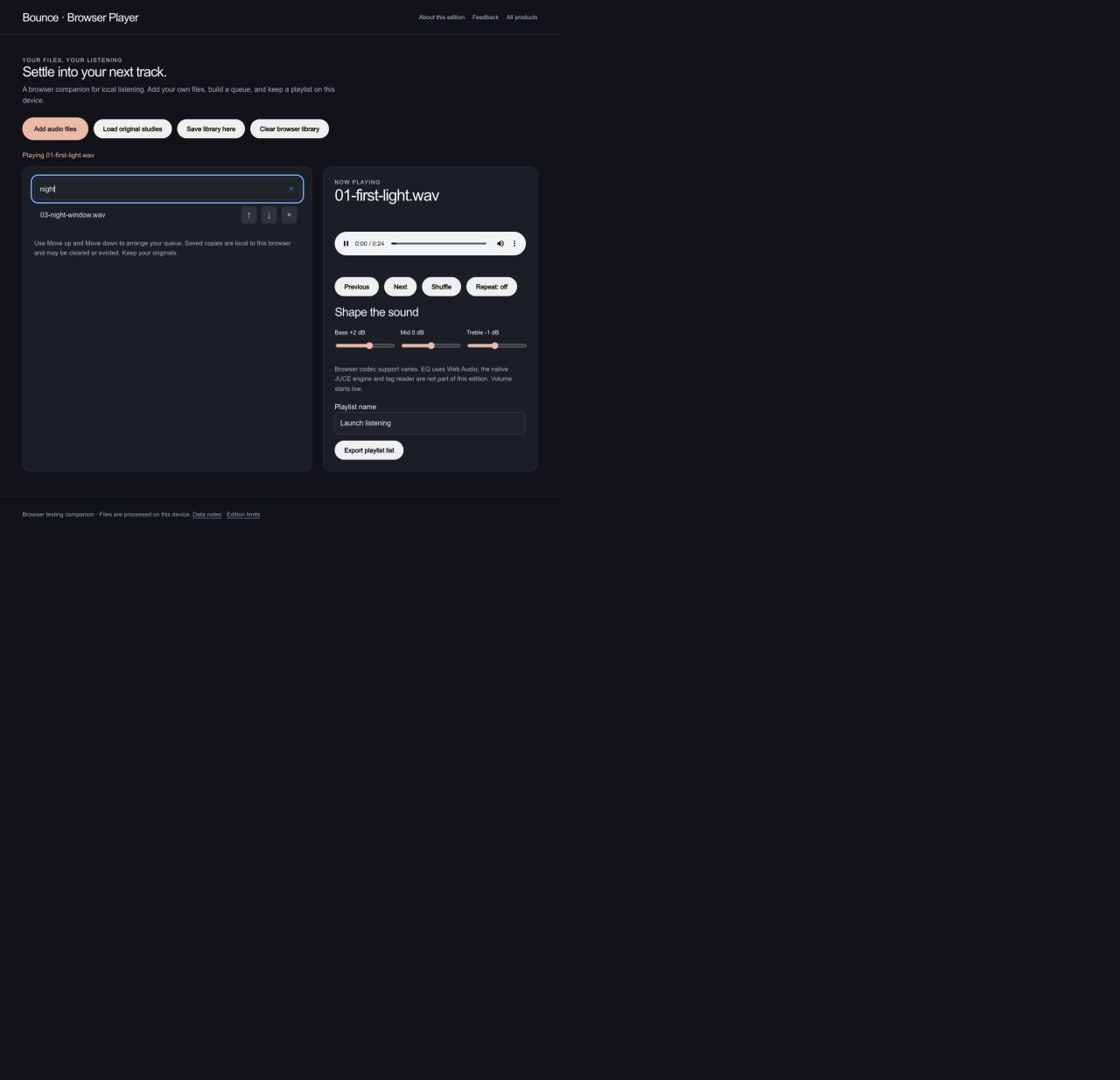 Search a queue of your own audio files. Find the next track