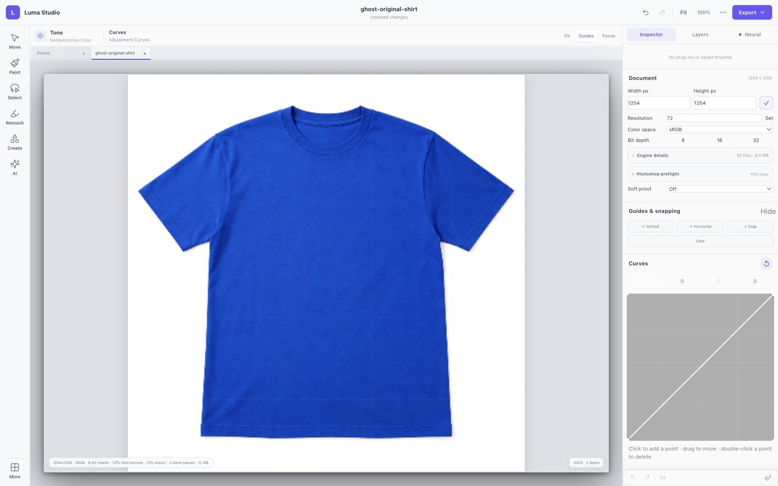 Luma Studio: Shape the curve. Add a curves layer and inspect its tonal controls.