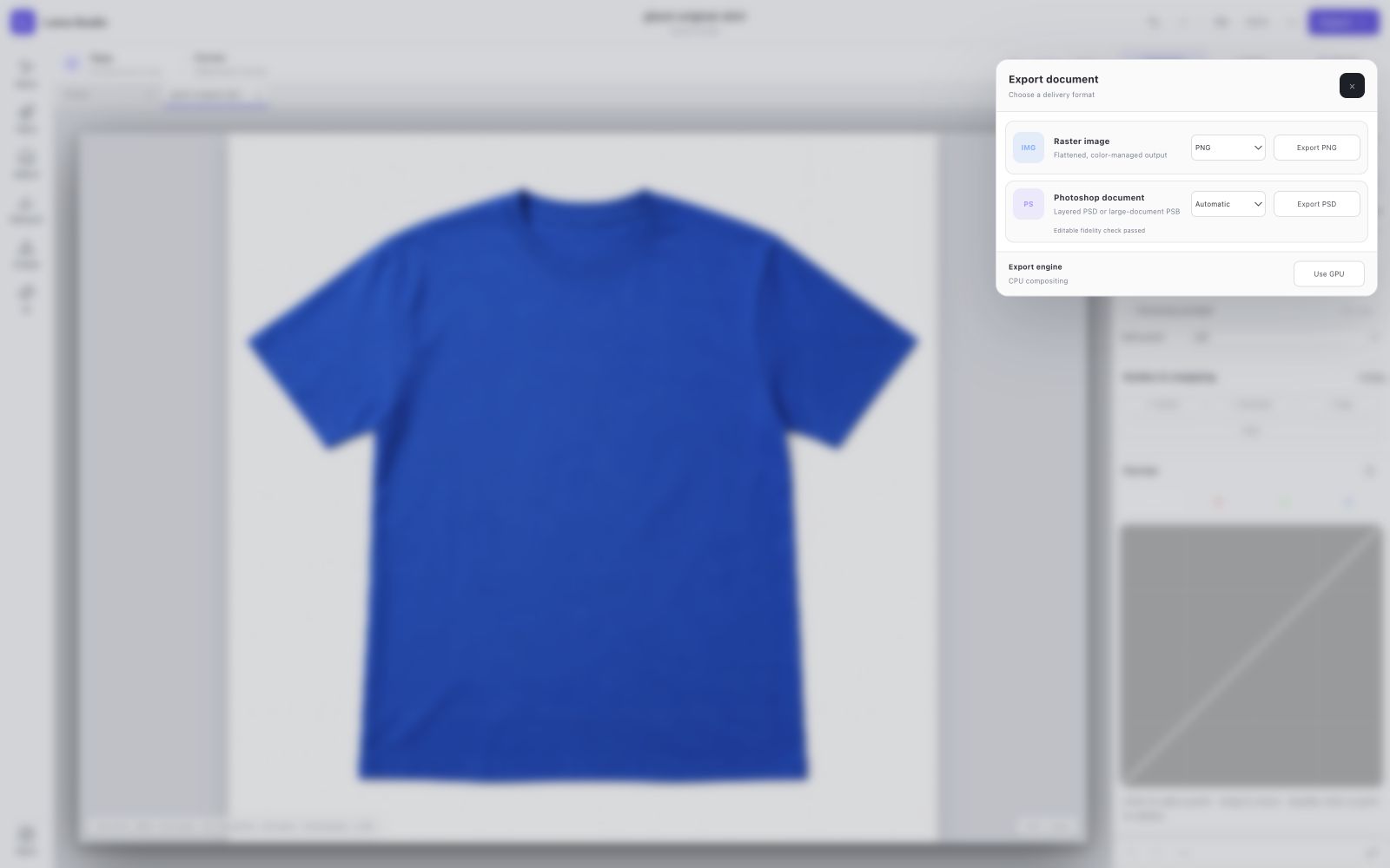 Luma Studio: Choose the handoff. Review PNG, JPEG, WebP, PSD and native project options.