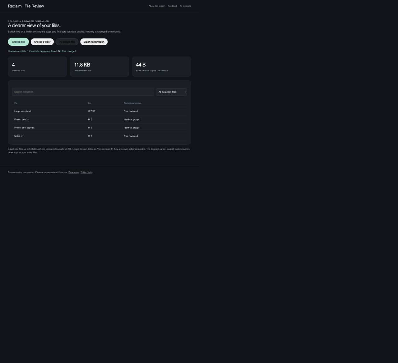 Inspect the sizes and names of files you choose. Review selected files