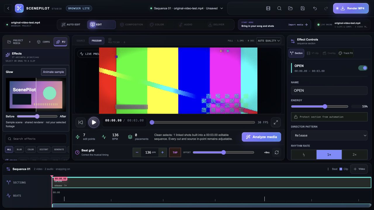 ScenePilot: Explore the effects. Inspect the available Browser Lite effects and editing controls.
